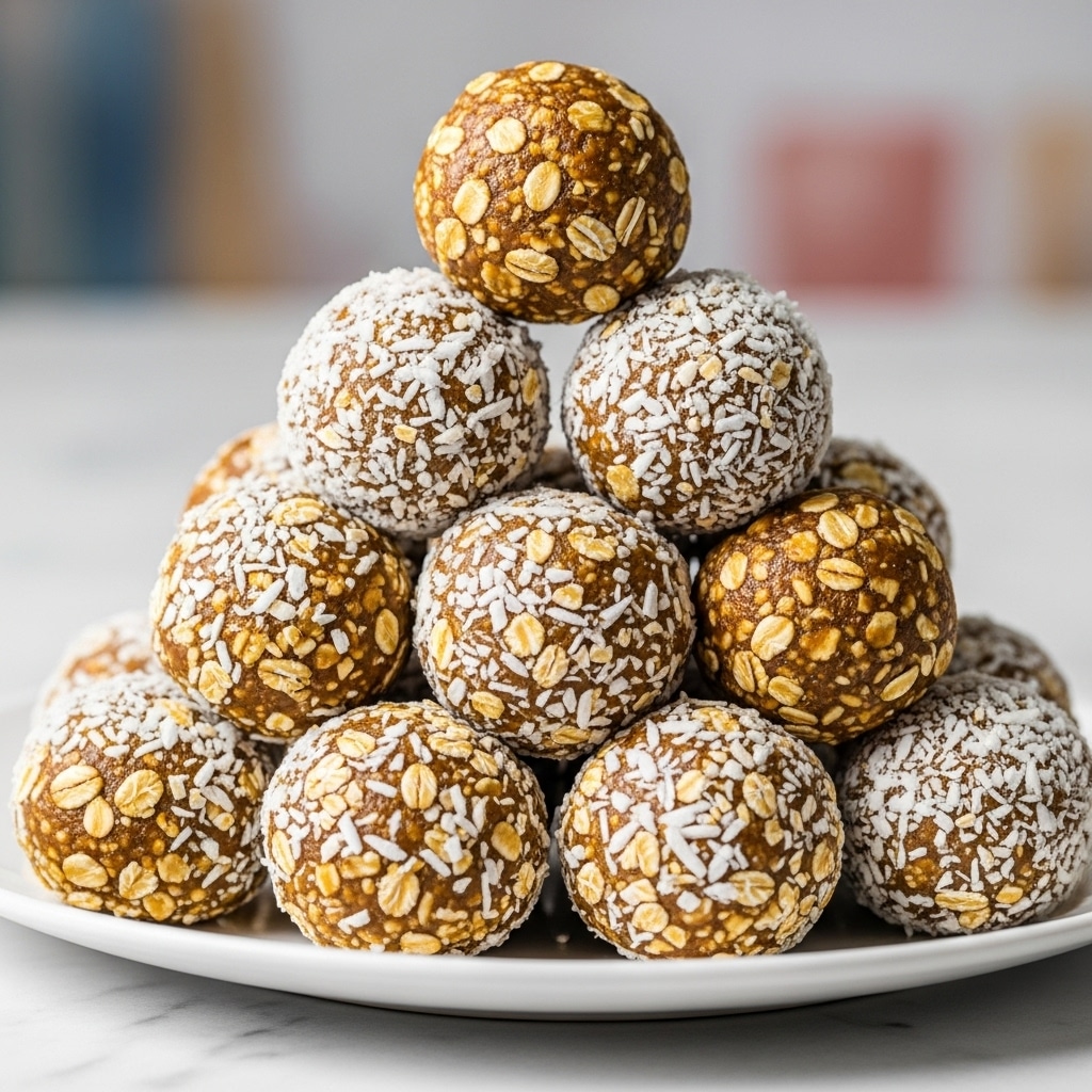 The image shows a stack of round energy balls arranged in a pyramid shape on a white plate. Each ball has a golden brown base mixed with small oats and is coated with white shredded coconut flakes, giving them a textured and slightly rough look. The balls are piled closely together in two or three layers, with the top layer having one ball, the middle layer three balls, and the bottom layer holding the rest. The plate sits on a white marbled surface, and the background is softly blurred with muted colors. Photo taken with an iphone --ar 4:5 --v 7