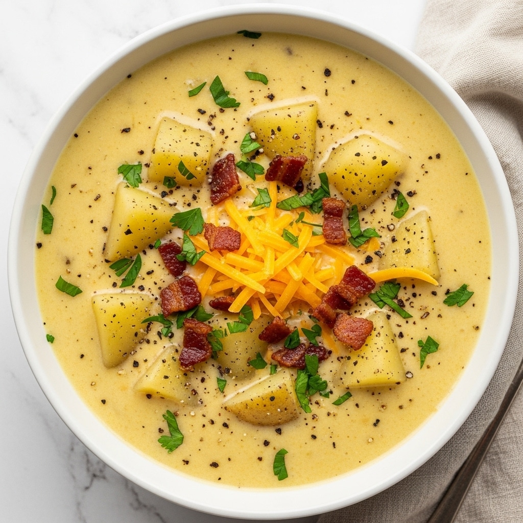 A white bowl filled with creamy potato soup that has large chunks of light yellow potatoes floating throughout a thick, pale yellow broth. The soup surface is sprinkled with small pieces of crispy, dark brown bacon, finely chopped fresh green herbs, and thin strands of orange shredded cheddar cheese. Small black pepper specks are scattered across the top, adding texture. The bowl rests on a white marbled surface with a soft, beige cloth partially visible beside it. Photo taken with an iphone --ar 4:5 --v 7