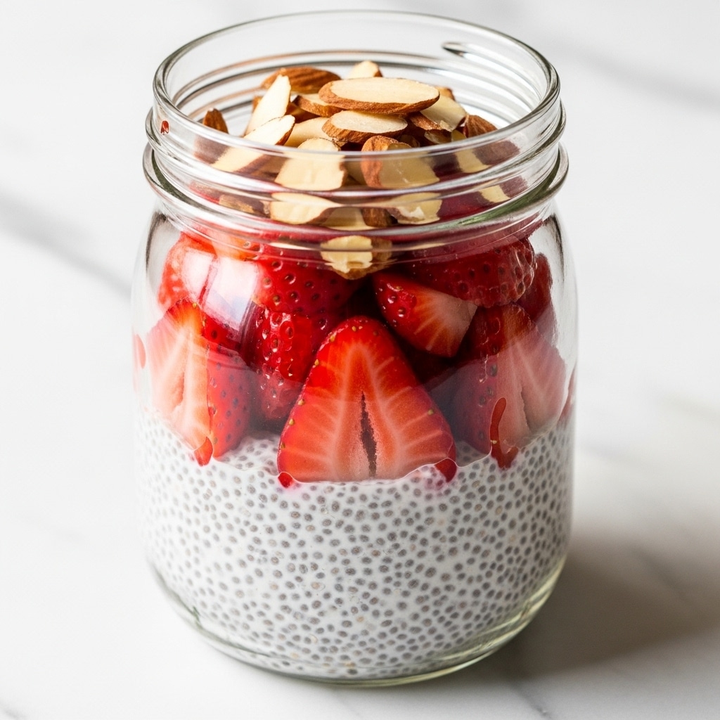 A clear glass jar filled with three layers: the bottom layer is a creamy white chia pudding with small visible chia seeds spread evenly, the middle layer is a thick layer of sliced bright red strawberries placed on top of the pudding, and the top layer consists of several pieces of sliced almonds scattered over the strawberries. The jar is placed on a surface with a white marbled texture. The light shines softly from one side, highlighting the textures and colors. photo taken with an iphone --ar 4:5 --v 7