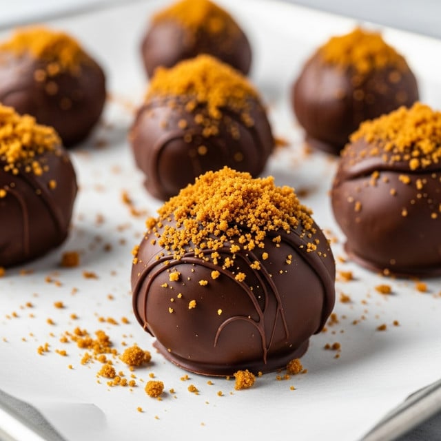 The image shows several round chocolate truffles sitting on a baking tray lined with white parchment paper, all placed on a white marbled surface. Each truffle has two main layers: the bottom layer is a smooth, shiny dark brown chocolate coating, and the top layer is a crumbly, light brown crumble sprinkled generously over the chocolate. The truffles are arranged in rows, with some crumbs scattered around them on the parchment paper. The focus is on the front truffle, highlighting the contrast between the glossy chocolate and rough crumble texture. Photo taken with an iphone --ar 4:5 --v 7