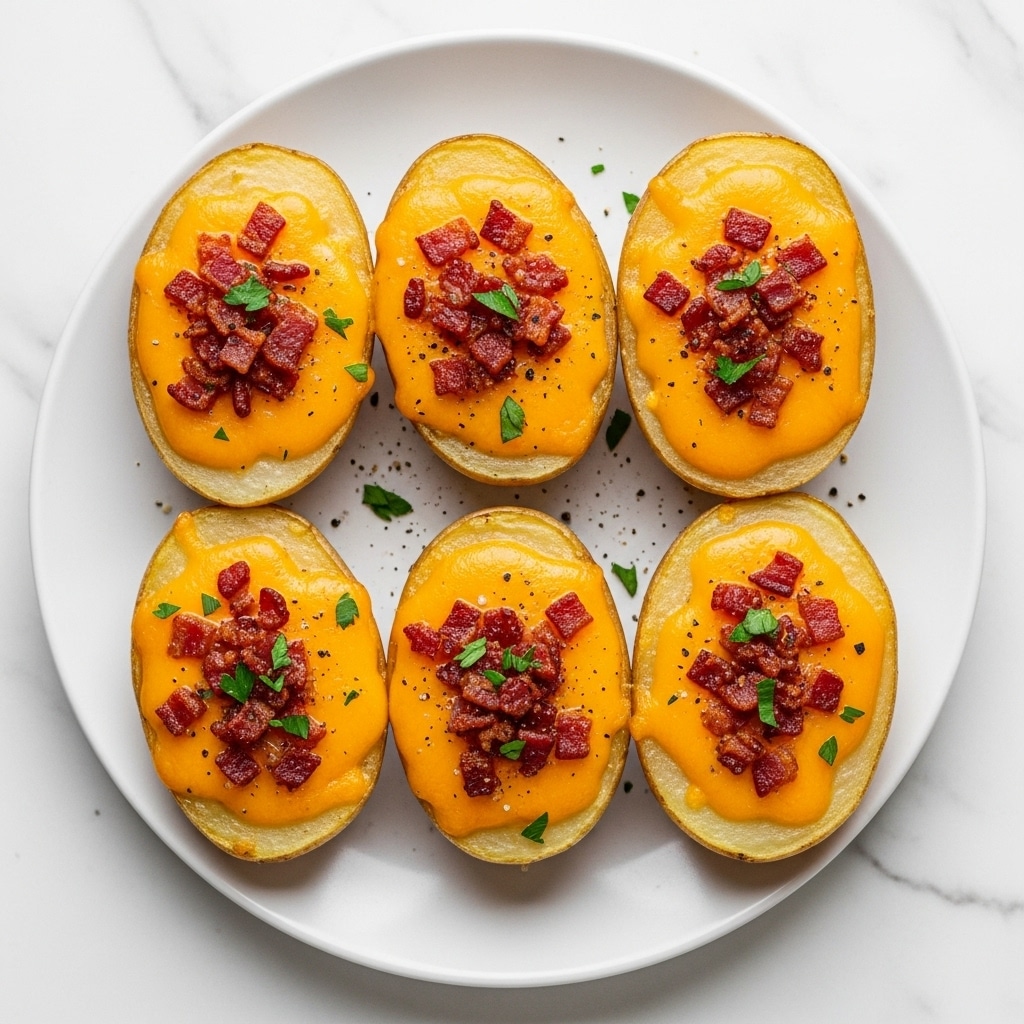 The image shows six potato halves arranged in two rows on a white plate, placed on a white marbled surface. Each potato half has a pale brown skin with a smooth, light interior. On top, there is a thick layer of melted bright orange cheddar cheese, with small pieces of crispy dark red bacon scattered over the cheese. Small bits of green herbs, likely parsley, and a sprinkle of black pepper add texture and color contrast on top. The whole dish looks warm and tasty. Photo taken with an iphone --ar 4:5 --v 7