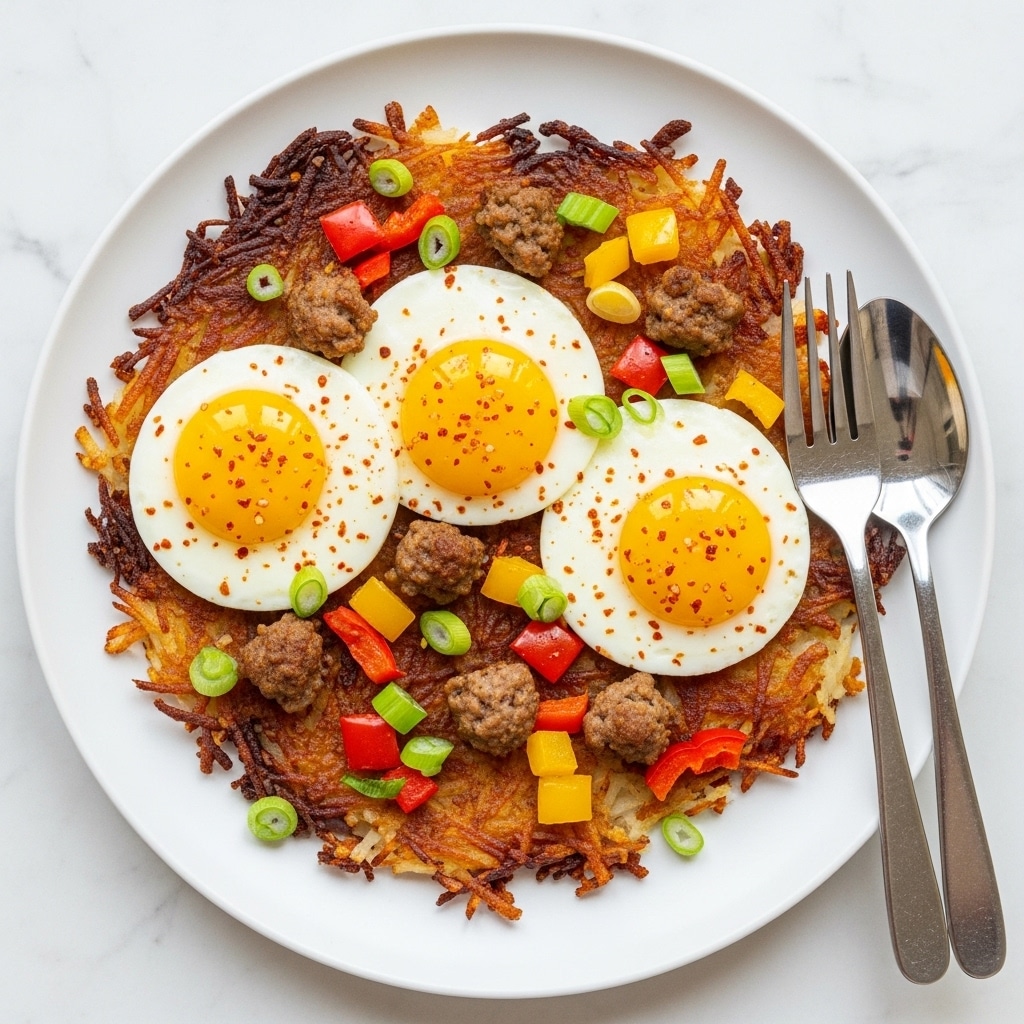 A white plate holds a crispy, golden-brown hash brown base with slightly darker, crunchy edges. On top, there are three sunny-side-up eggs evenly spaced, each with bright yellow yolks and smooth white edges, lightly sprinkled with red spices. Scattered around and on the eggs are small crumbles of browned sausage meat, bright red and yellow bell pepper pieces, and chopped green onions. To the right side of the plate, a silver fork and spoon rest together. The plate sits on a white marbled surface. photo taken with an iphone --ar 4:5 --v 7
