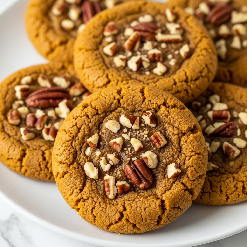 A close-up view of several golden brown cookies stacked on a white plate, each cookie studded with white and brown nut pieces scattered unevenly on top. The cookies have a slightly rough texture with visible cracks and a soft, thick appearance. The white plate contrasts the warm, earthy tones of the cookies, set against a white marbled surface. Photo taken with an iphone --ar 4:5 --v 7