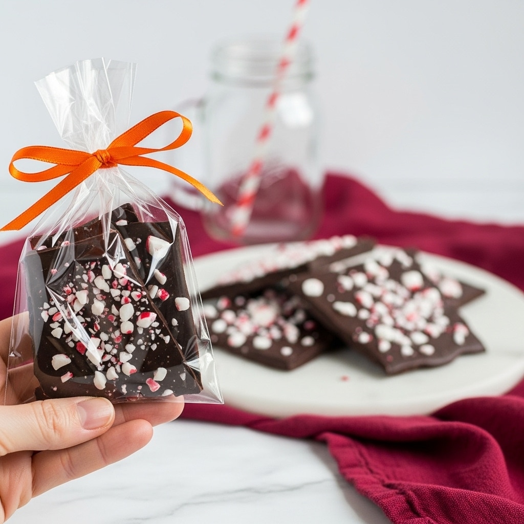 A woman's hand holding a clear plastic bag tied with an orange ribbon, filled with dark chocolate bark pieces scattered with white and red peppermint candy bits on top. Behind, more dark chocolate bark with peppermint bits rests on a white marbled surface covered by a dark red cloth, and a glass jar with a red and white striped straw is blurred in the background. Photo taken with an iphone --ar 4:5 --v 7