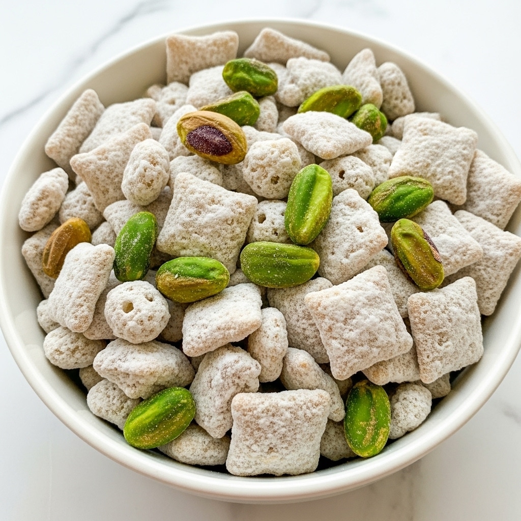 A close-up of a white bowl filled with snack mix made of square cereal pieces coated in a light white powder, mixed with bright green shelled pistachios and some small puffed cereal pieces also covered in the same powder. The snack mix shows a mix of light, powdery white texture from the coating, contrasted with the vibrant green of the pistachios, creating a rough and crunchy look. The bowl is on a white marbled surface, and soft natural light highlights the texture and color contrast. Photo taken with an iphone --ar 4:5 --v 7