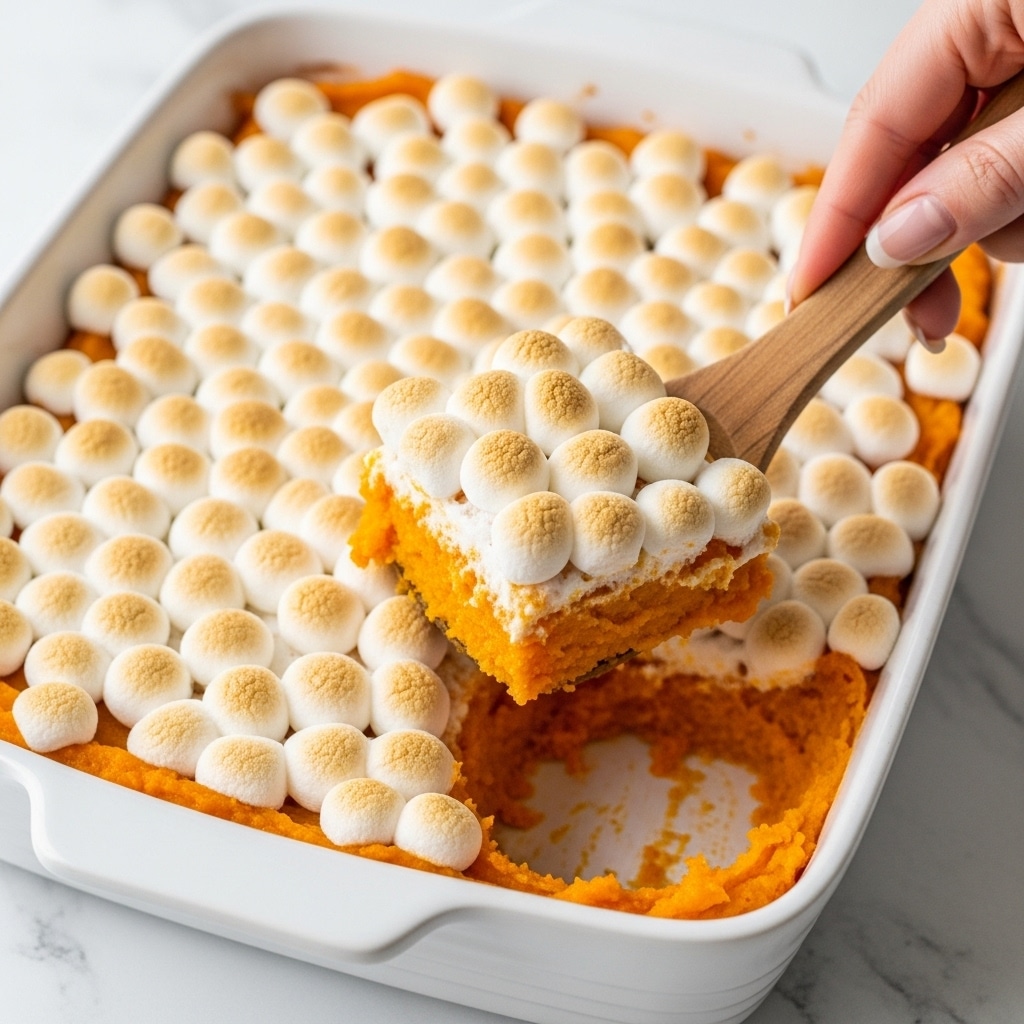 A white rectangular baking dish filled with a layered sweet potato casserole, where the bottom layer is bright orange smooth mashed sweet potatoes, and the top layer is a thick, even spread of small toasted marshmallows with golden-brown spots on their white puffed surfaces. A woman's hand with long nails is holding a wooden spoon scooping a portion from the dish, lifting a square piece showing both the soft orange base and the fluffy toasted marshmallows on top, against a white marbled surface background. photo taken with an iphone --ar 4:5 --v 7