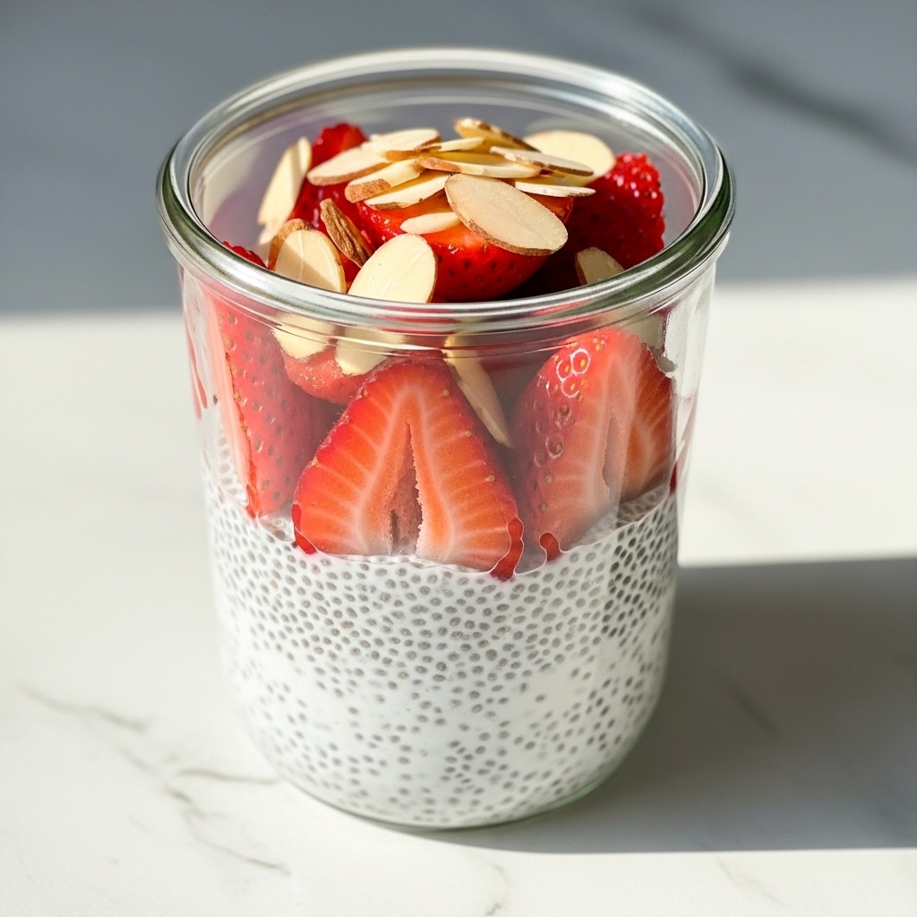 A clear glass jar filled with three layers: the bottom and largest layer is white chia pudding with visible tiny black chia seeds spread evenly, the middle layer is not distinctly separate but the top layer is fresh, bright red strawberry halves arranged closely, topped with thin, light brown almond slices scattered over the strawberries. The jar is placed on a white marbled surface with soft natural light coming from the side, creating gentle shadows. photo taken with an iphone --ar 4:5 --v 7