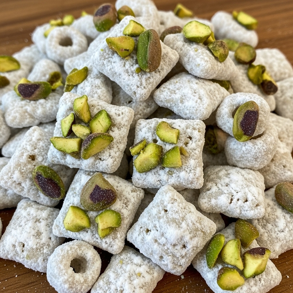 A pile of small, square cereal pieces is shown closely. Each piece is coated in white powdered sugar and topped with small chunks of green and brown pistachio nuts. The cereal pieces have a light, crunchy texture with some showing a hollow tube shape. The pistachios add a rough texture and bright green color contrast on top. This heap sits on a wooden surface. photo taken with an iphone --ar 4:5 --v 7