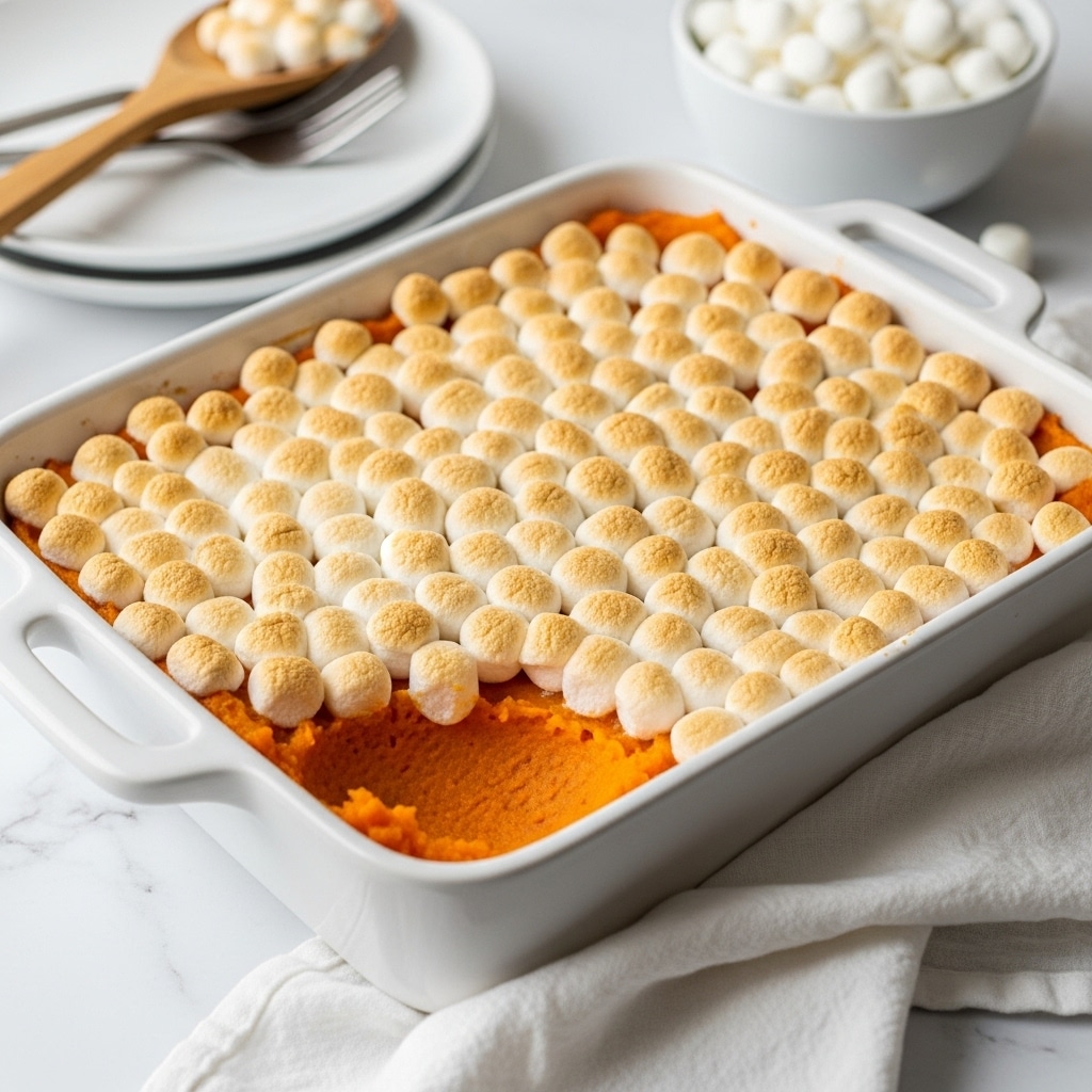 The dish is shown in a white rectangular baking dish with handles, sitting on a white marbled surface. It has two layers: the bottom layer is bright orange, smooth sweet potato mash visible around the edges, and the top layer is a thick, even layer of small, golden-browned toasted mini marshmallows. The marshmallows are slightly puffed and have a mix of white and golden brown colors on top. In the background, a white plate holding a wooden spoon and a white bowl filled with more mini marshmallows can be seen. A white cloth napkin is placed casually in front of the baking dish. photo taken with an iphone --ar 4:5 --v 7
