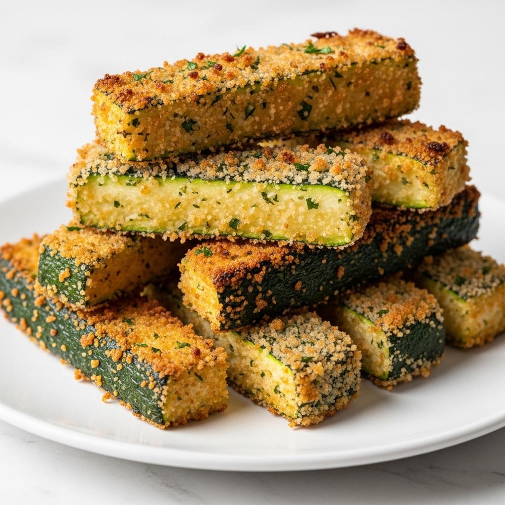 A white plate holds a stack of seven fried zucchini sticks, each cut into thick rectangular shapes. Each stick has a dark green skin layer on the outside, under it a tender light green inner zucchini layer, and a thick crunchy golden-brown crumb coating with visible herbs like parsley, giving the coating a textured look. The breading is uneven with some spots crispier and darker, showing a slightly burnt golden color. The stack is haphazardly piled, with some sticks leaning on others, all resting on a smooth white marbled surface in soft natural light. Photo taken with an iphone --ar 4:5 --v 7