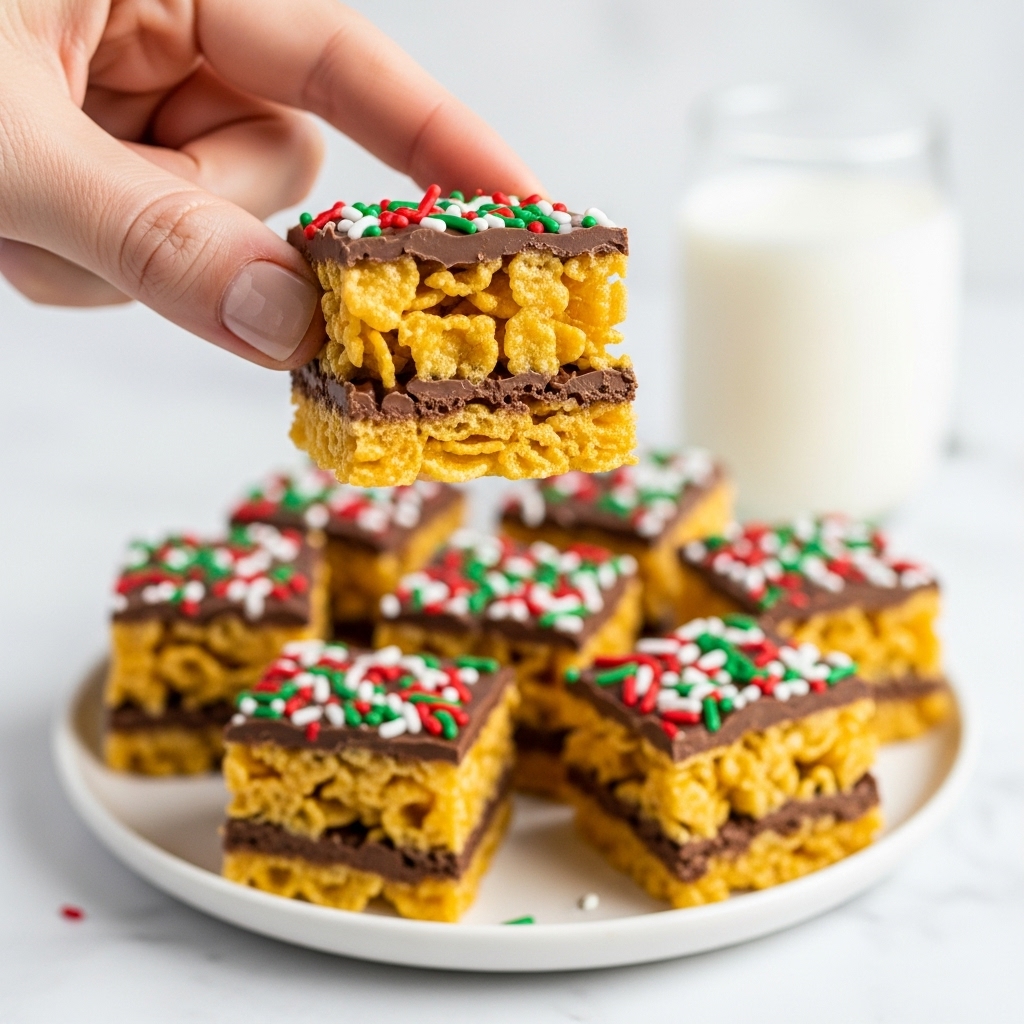 A woman's hand holding a piece of a layered treat made of yellow cornflakes coated with chocolate on the bottom and middle layers, topped with red, green, and white sprinkles. The treat shows a crunchy texture with some cornflakes clearly visible and chocolate spread unevenly through it. Below the hand, there is a white plate with more of these treats scattered on a white marbled surface. In the background, a glass of milk is slightly blurred. photo taken with an iphone --ar 4:5 --v 7