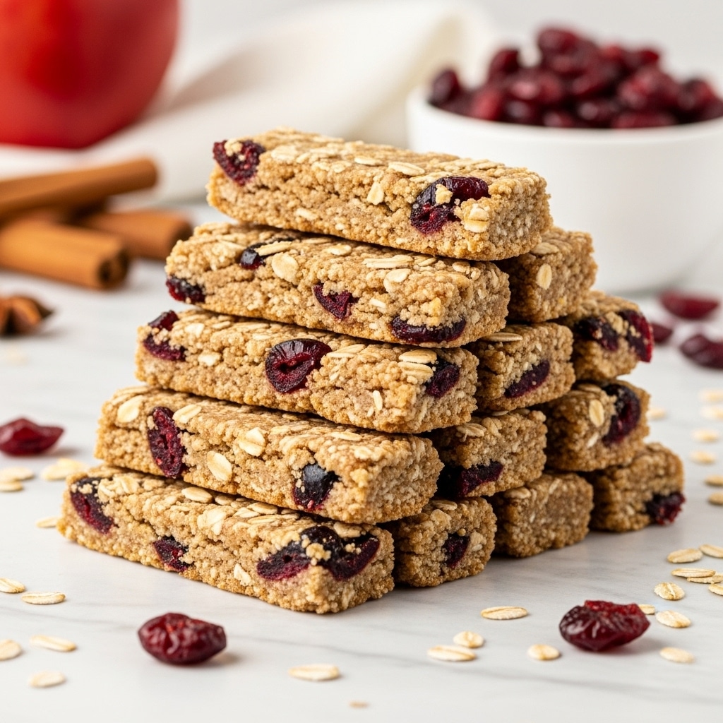 The image shows a stack of nine granola bars arranged in a pyramid shape on a white marbled surface. Each bar is rectangular, light brown with a crumbly texture, and speckled with small dark red pieces of dried cranberries and tiny bits of oats evenly spread throughout. Around the bars, there are scattered bits of oats and a few whole dried cranberries. In the background, there are blurred cinnamon sticks and a white bowl filled with more dried cranberries, adding warm, cozy colors to the scene. Photo taken with an iphone --ar 4:5 --v 7