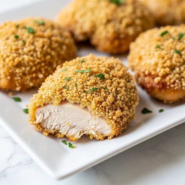The image shows a white plate with a golden-brown baked dish that looks like a cheesy chicken casserole. The top layer is a crumbly, crunchy golden crust with small green herbs visible. Underneath, there are layers of creamy melted cheese and pieces of white chicken that look soft and tender. The plate sits on a wooden table next to a glass of water and a fork, with some green herbs blurred in the background. The overall colors are warm and inviting. photo taken with an iphone --ar 4:5 --v 7