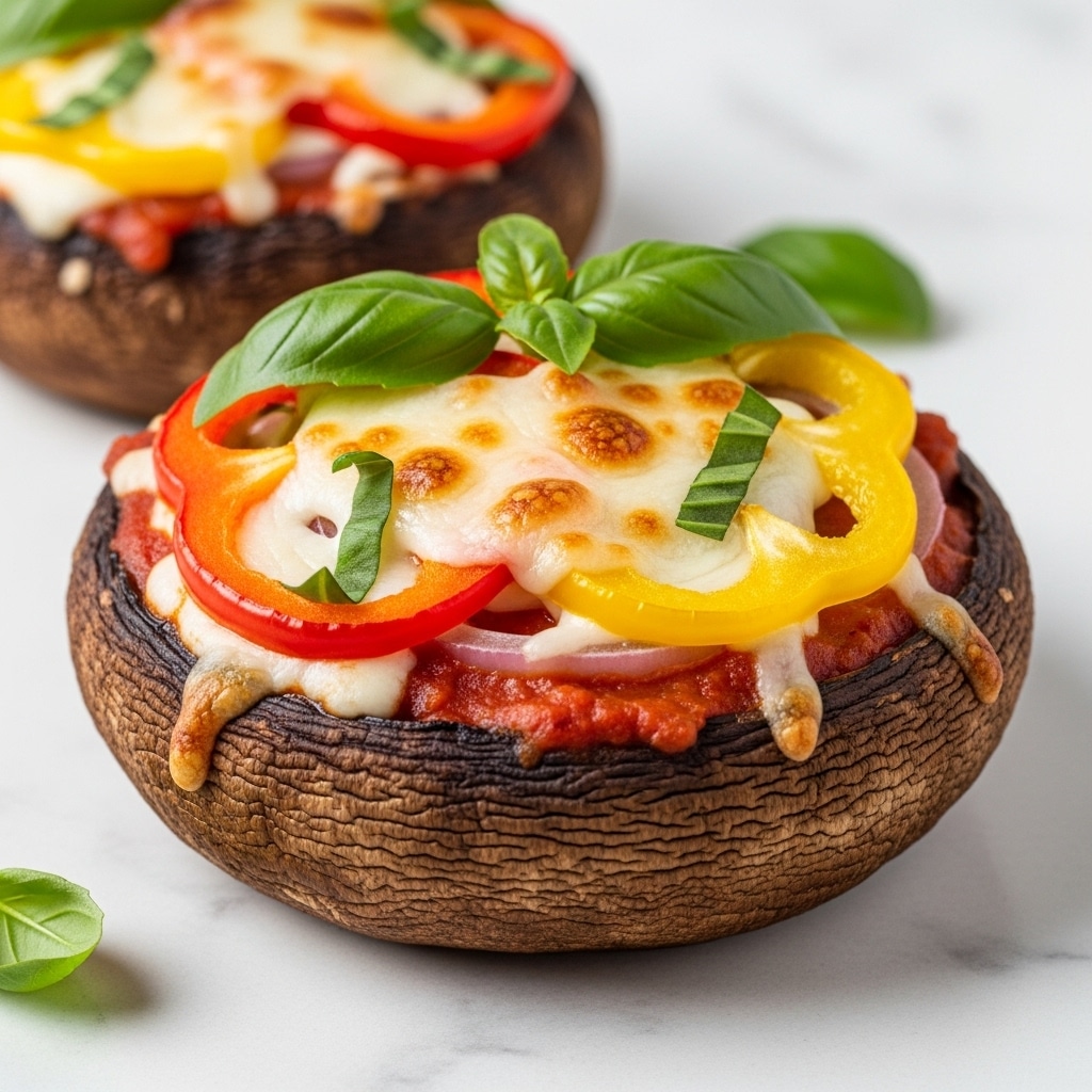 The image shows two stuffed mushroom caps on a white marbled surface, with the front one in clear focus. Each mushroom cap has a dark brown, textured base. The first layer inside the mushroom is a layer of red tomato sauce. On top of this is melted, bubbly white cheese with light brown spots. Sliced red and yellow bell peppers are placed on the cheese, adding bright color. Fresh green basil leaves are scattered over the top, giving a fresh touch. The second mushroom in the background is slightly out of focus but shows similar toppings with bright, fresh colors. photo taken with an iphone --ar 4:5 --v 7