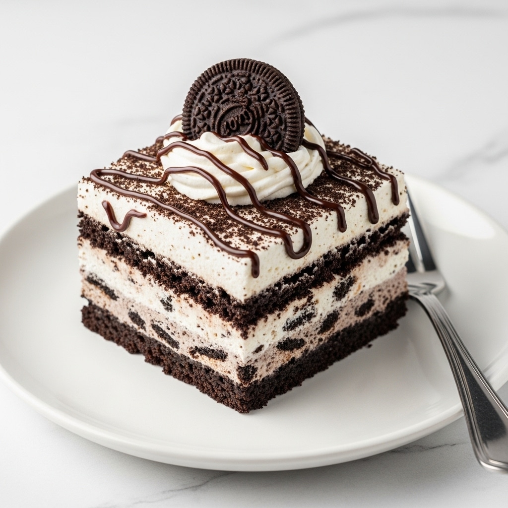A square piece of cookies and cream dessert sits on a white plate, showing multiple layers: a dark, crumbly cookie base, a thick and creamy white middle layer mixed with cookie bits, and a top layer of fluffy white cream sprinkled with crushed cookie crumbs. The top is decorated with a whole dark cookie and drizzled with thin lines of glossy chocolate sauce. A silver fork rests beside the dessert, and the plate is placed on a white marbled surface. photo taken with an iphone --ar 4:5 --v 7