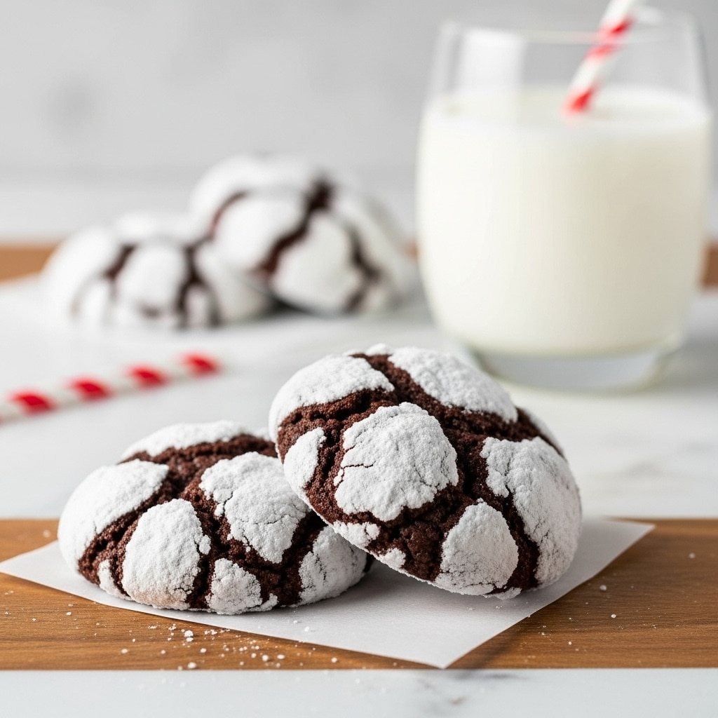 The image shows a close-up of two dark chocolate cookies covered in white powdered sugar, giving a cracked look. The cookies have a cracked surface texture with some parts revealing the dark chocolate underneath, and they rest on a small white square paper placed on a wooden table. In the background, there is a white glass filled with milk and a red and white striped straw. Another cookie is slightly blurred behind the glass. The surface beneath everything is a white marbled texture. photo taken with an iphone --ar 4:5 --v 7