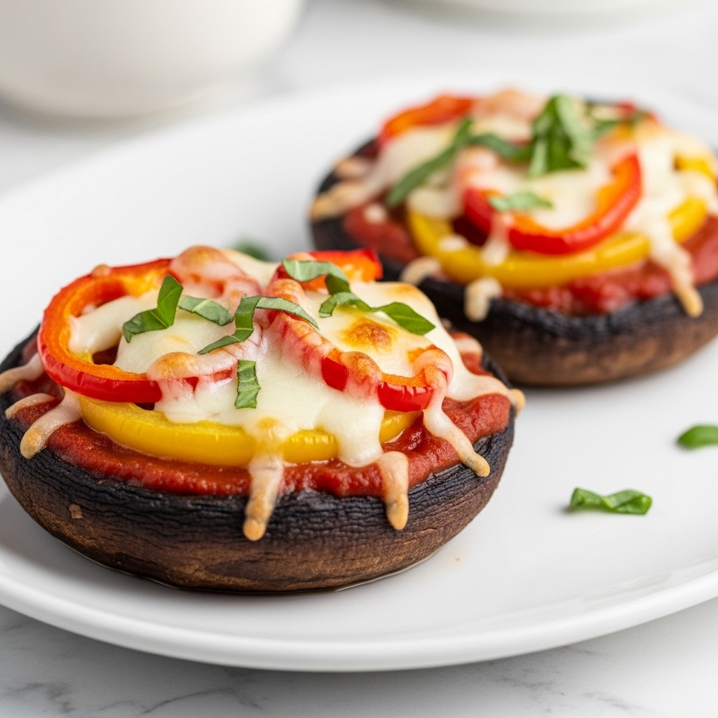 The image shows two stuffed portobello mushrooms placed on a white plate with a white marbled surface beneath. Each mushroom cap is dark brown and slightly charred, serving as the base layer. On top of the mushrooms, there is a layer of rich red tomato sauce spread evenly. Above the sauce, slices of red and yellow bell peppers add bright color and texture. Melted white cheese covers the vegetables, with some parts slightly browned from baking. Small green basil leaf pieces are sprinkled on top, adding a fresh touch. The mushrooms are the focus, with a soft blurred background behind them. Photo taken with an iphone --ar 4:5 --v 7
