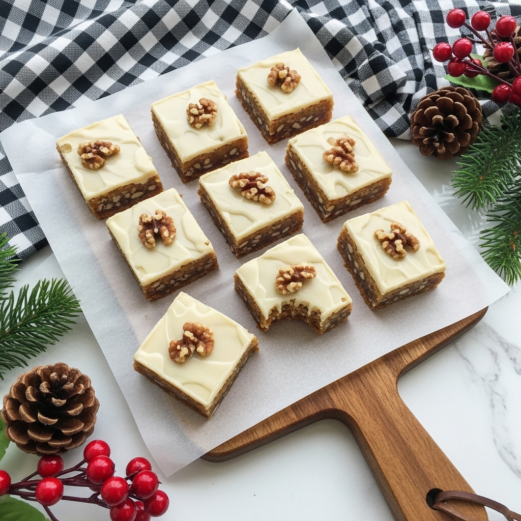 Nine square dessert bars with a light brown color topped with a white glaze and small bits of nuts are placed on white parchment paper over a wooden cutting board with a handle. One bar has a visible bite taken from its corner, showing a textured inside with nuts. The cutting board is on a white marbled surface with a black and white checkered cloth partially visible in the top part of the image. Pinecones, red berries, and green pine branches decorate the background, adding a festive feel. Photo taken with an iphone --ar 4:5 --v 7
