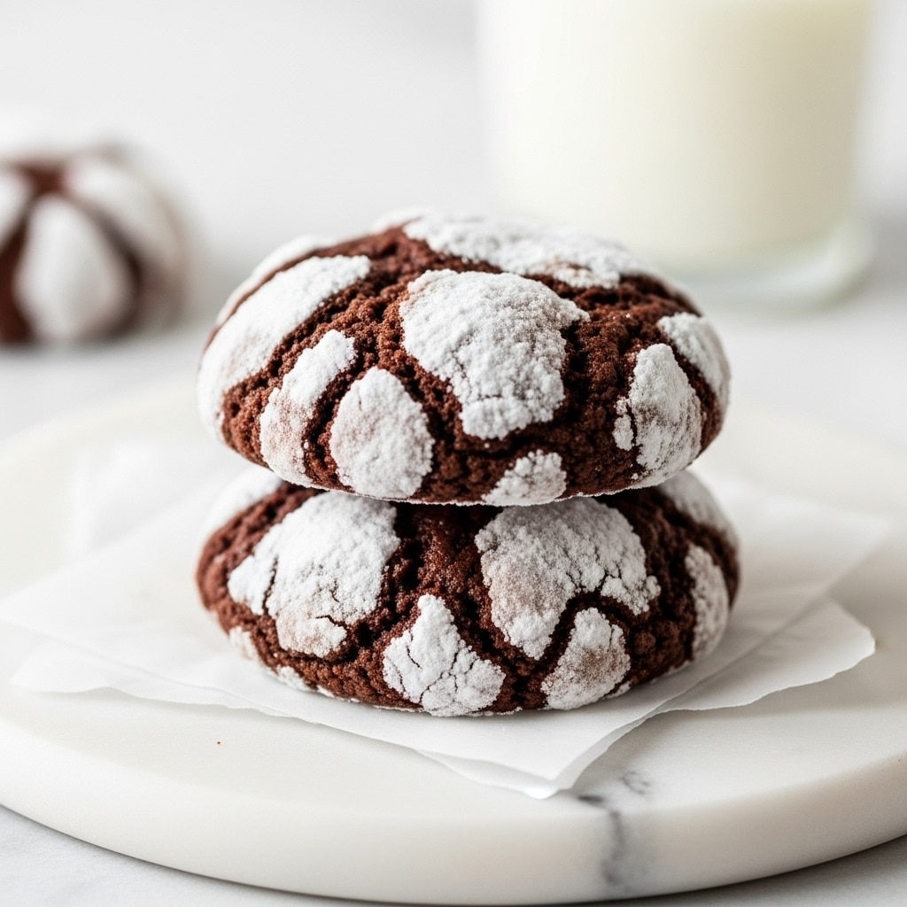 The image shows two chocolate crinkle cookies stacked on a small piece of white parchment paper placed on a white marbled surface. The cookies are dark brown with cracks covered in a light dusting of white powdered sugar that creates a contrast against the rich chocolate color. The texture appears soft and slightly chewy with a cracked, uneven surface. In the background, there is a glass of milk slightly out of focus. Photo taken with an iphone --ar 4:5 --v 7