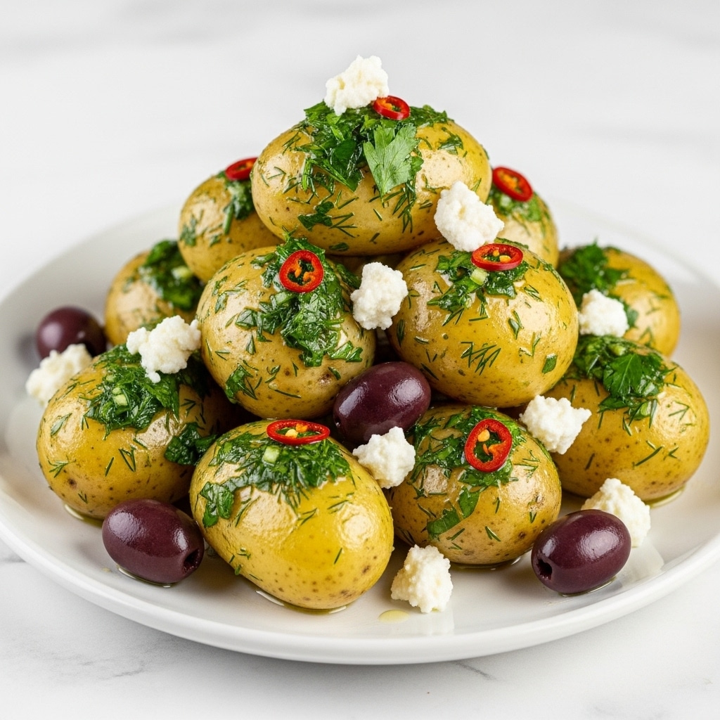 A white plate holds a stack of small, yellowish boiled potatoes covered in a green herb sauce with visible bits of parsley and dill. Scattered white crumbled cheese dots the potatoes, along with some dark purple olives. The potatoes have a moist, glossy look from the herb dressing, with a few red chili flakes adding small pops of color. The dish sits on a surface with a white marbled texture. photo taken with an iphone --ar 4:5 --v 7
