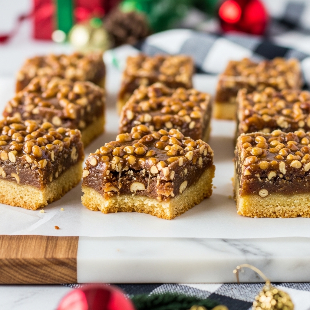 Nine square bars are laid out on white parchment paper over a wooden board with a white marbled surface. Each bar has two layers: a light golden-brown base and a thick nutty topping with a shiny glaze that makes the texture look crunchy and gooey at the same time. One bar in the center has a bite taken out of it, showing the dense nut filling inside. The background shows blurred festive decorations with reds, greens, and a black and white checkered cloth. Photo taken with an iphone --ar 4:5 --v 7