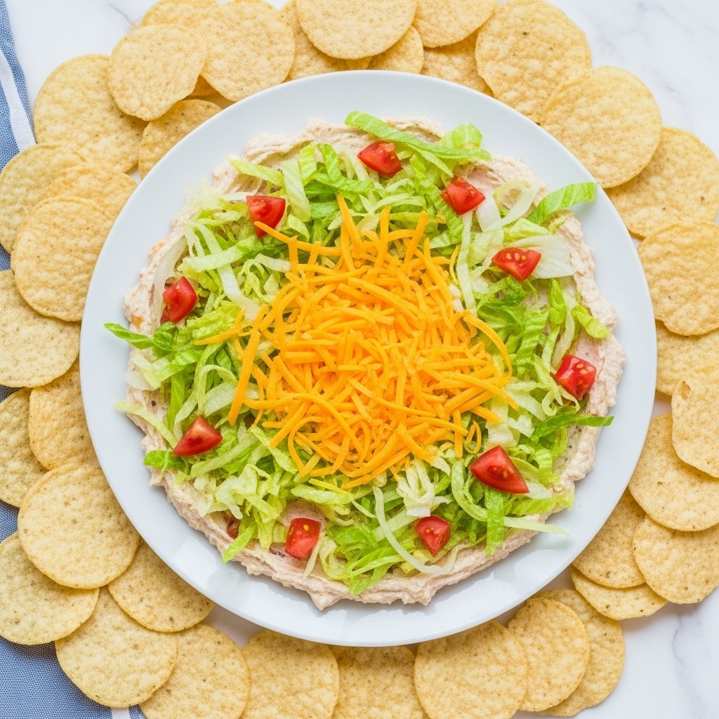 A white plate holds a layered dip starting with a smooth, pale base spread evenly across the surface. On top, there is a layer of shredded bright orange cheese scattered thickly, followed by a layer of light green shredded lettuce spread out evenly but loosely. Small pieces of fresh red tomatoes are sprinkled all over the top, adding small pops of vibrant color. Surrounding the plate are many pale yellow tortilla chips spread out casually on a white marbled surface, with part of a blue and white cloth visible in one corner. The photo taken with an iphone --ar 4:5 --v 7