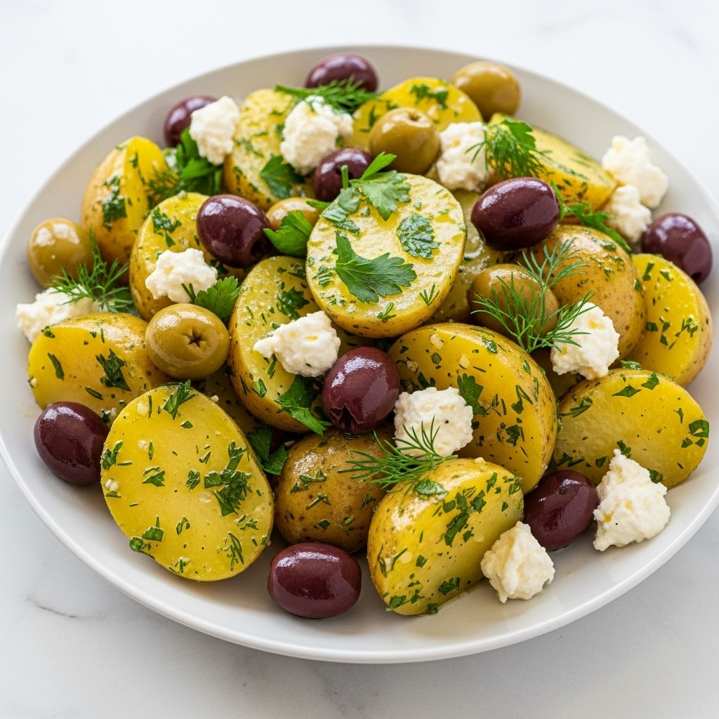 A white plate holds a fresh potato salad with large pieces of yellow potatoes dressed with green herbs like parsley and dill spread all over. There are also whole green and purple olives mixed in, and small white chunks of soft cheese scattered on top. The salad looks shiny with a light dressing, and the texture of the potatoes is soft but firm. The dish is set on a white marbled surface, giving a clean look. photo taken with an iphone --ar 4:5 --v 7