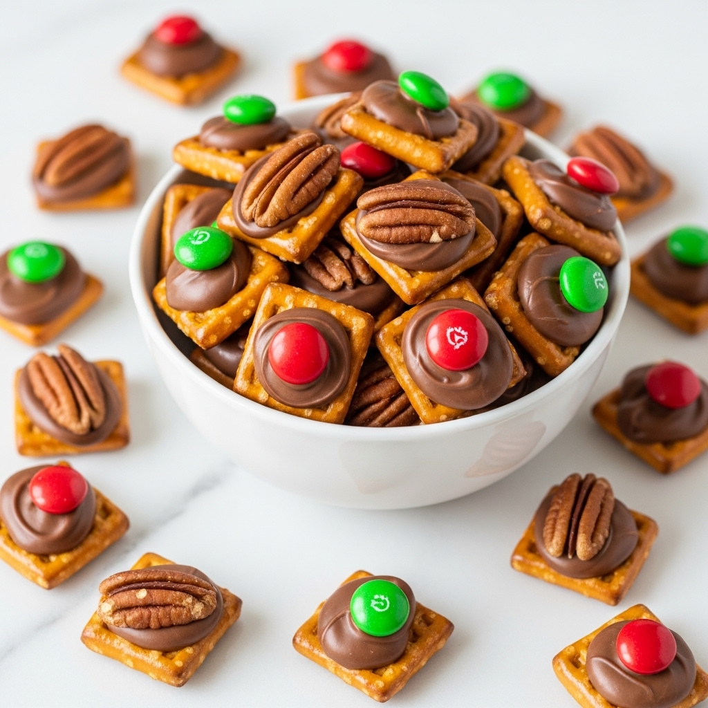 A white bowl filled with small snacks made of square, golden pretzels topped with melted milk chocolate and either a whole pecan or a red or green candy piece. Around the bowl, some of these snacks are scattered on a white marbled surface, showing their crunchy pretzel base, smooth chocolate layer, and colorful candy or pecan topping. The scene is bright and clean, highlighting the mix of textures and colors in the treats. Photo taken with an iphone --ar 4:5 --v 7