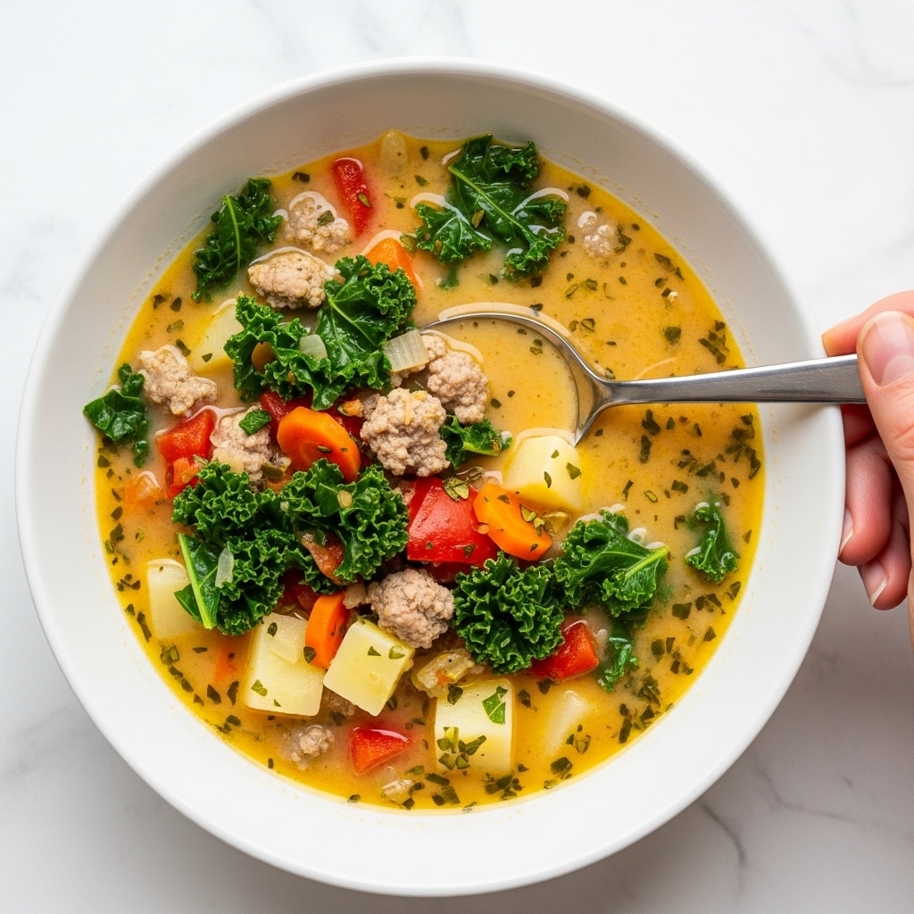The image shows a white bowl filled with a thick soup that has many colorful ingredients. There are small chunks of cooked ground meat, dark green kale leaves, and bright red pieces of tomato or pepper floating in a creamy, light yellow broth. Small cubes of white potatoes and some orange bits, likely carrots, add more color and texture. The broth also has small herbs sprinkled throughout, giving the soup a fresh and hearty look. A metal spoon is placed inside the bowl, with a woman's hand holding it from the right edge. The bowl is set on a white marbled surface. photo taken with an iphone --ar 4:5 --v 7