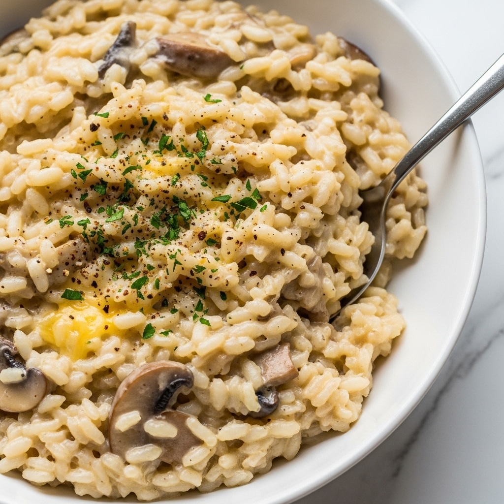 A close-up view of a creamy risotto dish in a white bowl, showing thick, soft grains of rice mixed with light brown pieces of mushroom and topped with a sprinkle of chopped green herbs. The risotto has a rich, creamy texture with hints of light yellow cheese melted throughout, and a small amount of darker seasoning scattered on top. A spoon with a shiny handle rests inside the bowl on the right side. The background features a clean white marbled surface. Photo taken with an iphone --ar 4:5 --v 7