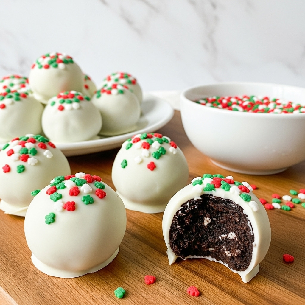 The image shows round cake balls coated in smooth white chocolate, each decorated on top with small red and green sprinkles in the shape of holiday confetti. One cake ball is bitten to show a dark, crumbly chocolate inside. The cake balls are placed on a wooden surface, with more white chocolate-coated balls on a white plate in the background and a white bowl filled with colorful sprinkles to the side. Small sprinkles are scattered lightly around the balls on the wooden surface. The background shows a white marbled texture. photo taken with an iphone --ar 4:5 --v 7
