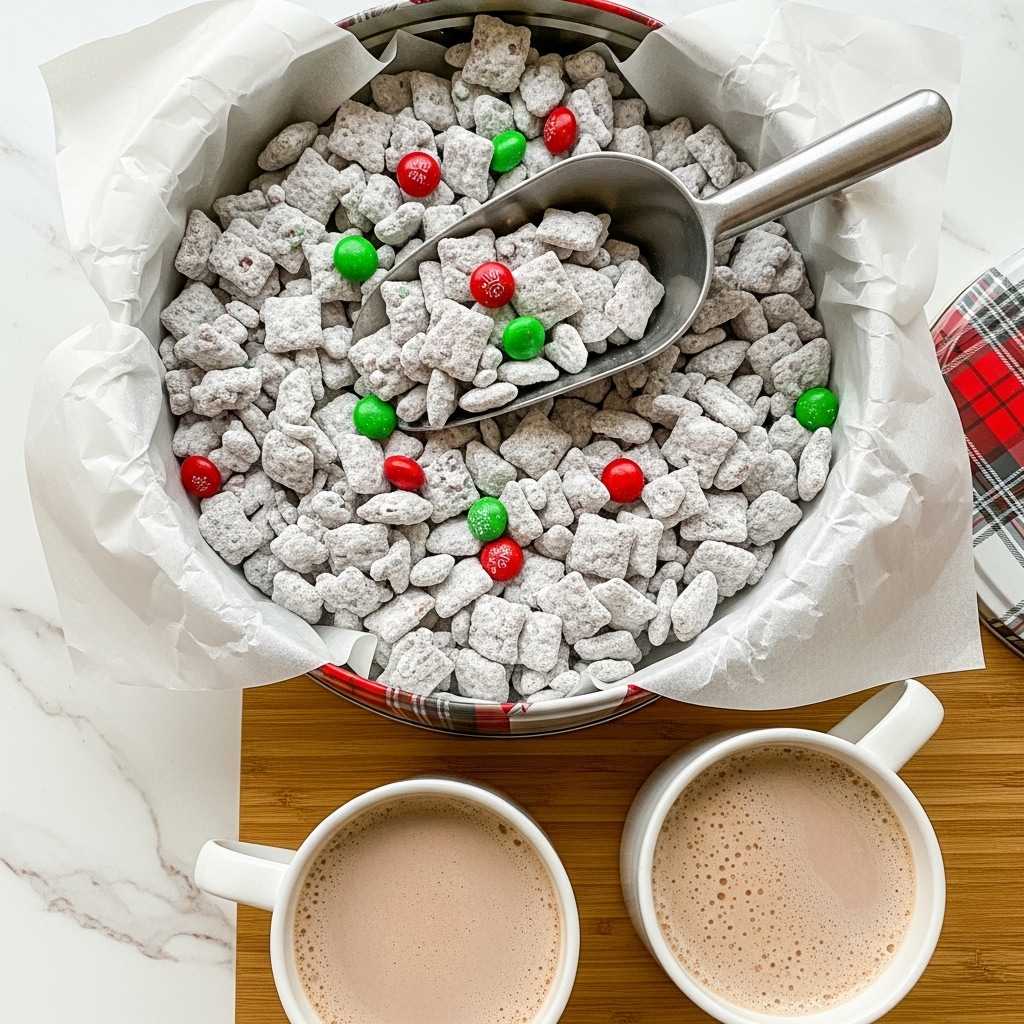 A round tin filled with a layer of white parchment paper holds a large pile of snack mix made of square cereal pieces coated with powdered sugar, scattered with green and red candy-coated chocolates. A small metal scoop rests on top, filled with the same snack mix and candies. The tin has a red, gray, and white plaid design. In the foreground, two white mugs filled with light brown hot chocolate sit on a wood-textured surface replaced by a white marbled texture. Photo taken with an iphone --ar 4:5 --v 7
