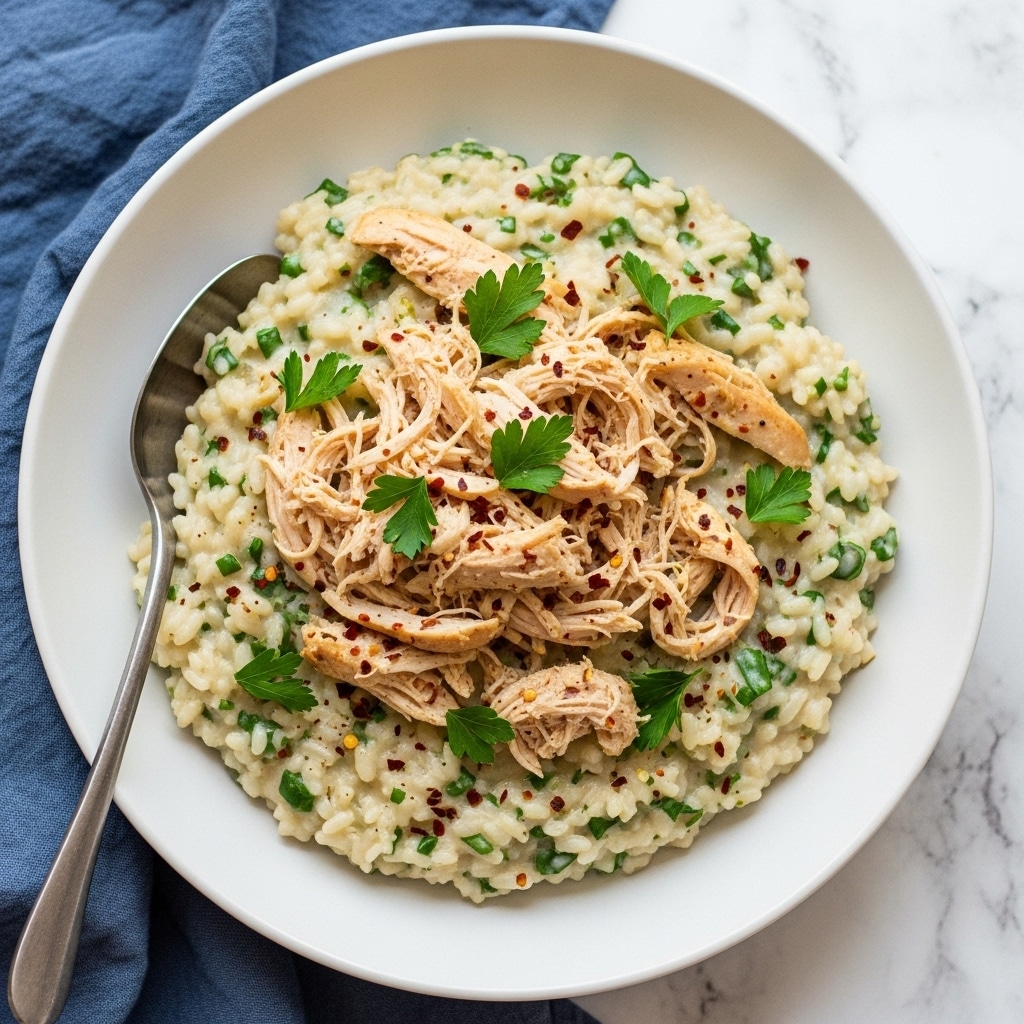 A white shallow bowl filled with creamy white risotto mixed evenly with small green herb pieces, topped with shredded light brown chicken scattered on top, and sprinkled with red chili flakes and chopped green parsley leaves. There is a silver spoon resting on the edge of the bowl, and the bowl is placed on a blue cloth on a white marbled surface. photo taken with an iphone --ar 4:5 --v 7