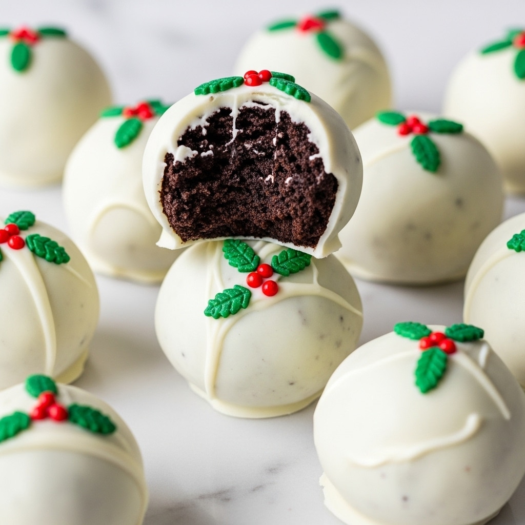 A close-up view of several round cake balls covered in smooth white chocolate, with one ball on top showing a dark, crumbly chocolate cake interior where a bite has been taken. Each ball is decorated with small red and green sprinkles in a festive pattern resembling holly leaves and berries. The cake balls rest on a white marbled surface. Photo taken with an iphone --ar 4:5 --v 7