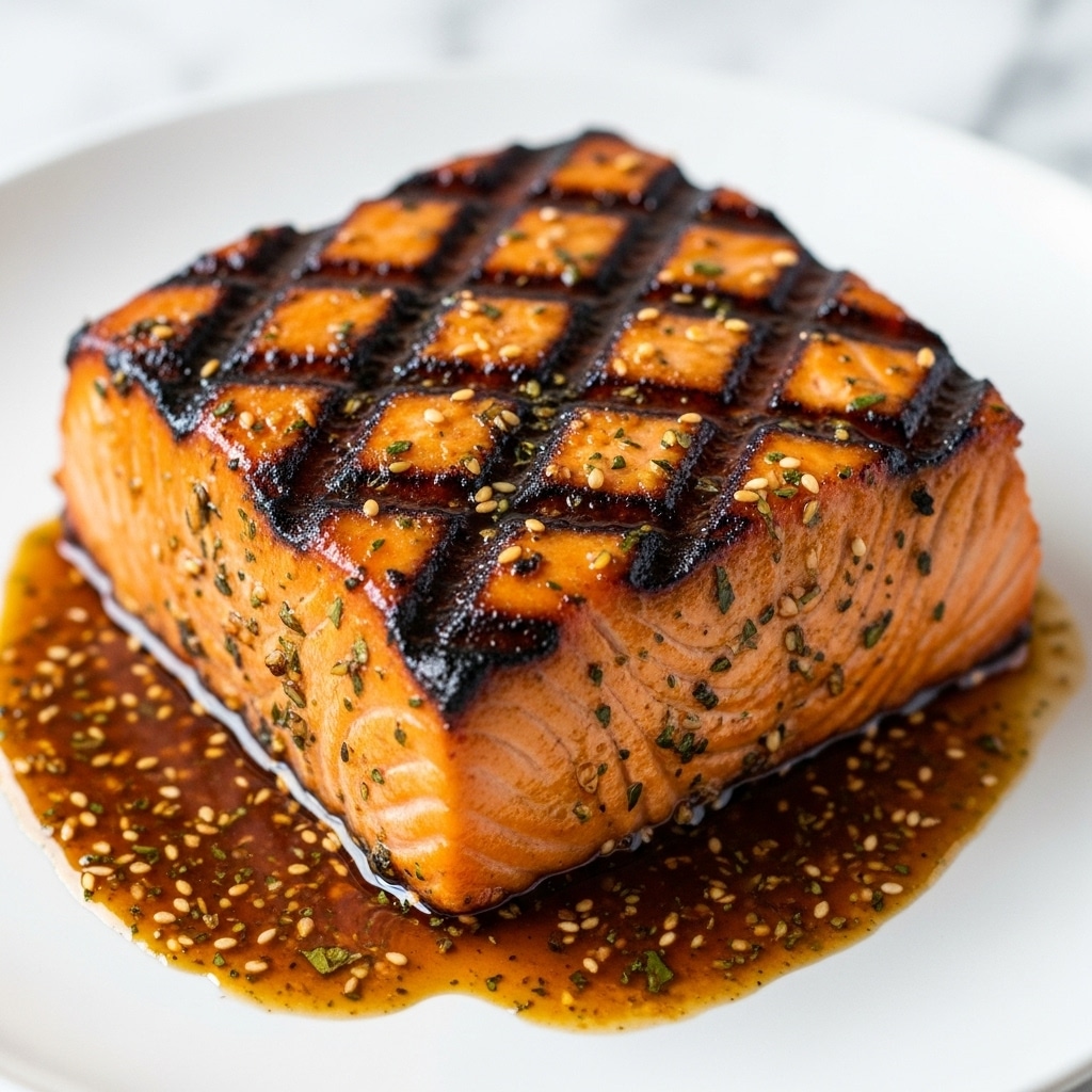 A thick, square piece of grilled salmon fillet sits in the center of a white plate, with grill marks creating dark, slightly charred lines across the top. The salmon's outer sides have a rich orange color with a glazed, shiny texture from a dark brown sauce that pools slightly at the base, mixed with small bits of herbs and sesame seeds. The surface has a glossy, sticky look with a mix of charred, caramelized edges and tender flesh underneath. The background is a soft, out-of-focus white marbled texture. photo taken with an iphone --ar 4:5 --v 7