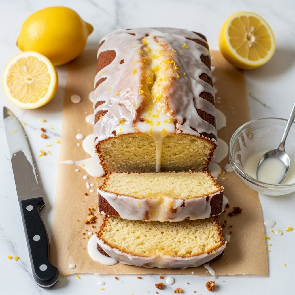 A glazed lemon loaf cake with a shiny white icing drizzled unevenly over the top, showing the golden brown cake beneath in places, is placed on light brown parchment paper over a white marbled texture. Two thick slices of soft, pale yellow cake with a slightly crumbly texture lie in front of the loaf. Around the cake are two lemon halves showing the yellow juicy flesh, a whole bright yellow lemon, a black knife with three silver dots on the handle, and a small clear bowl containing some white glaze with a spoon inside. Small crumbs and bits of lemon zest are scattered around. Photo taken with an iphone --ar 4:5 --v 7