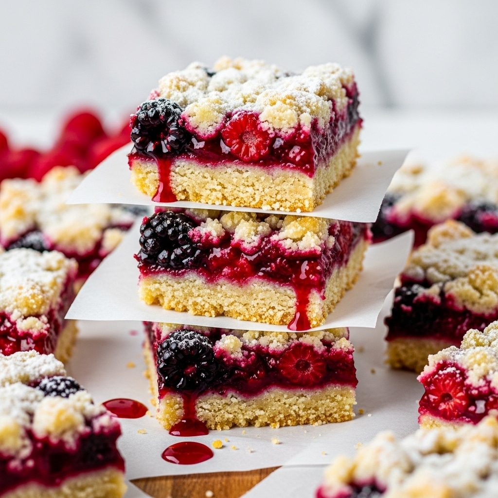A close-up view of layered cranberry bars stacked on a black tray lined with parchment paper, each bar showing three layers: a bottom crumbly golden crust, a thick middle layer of dark red cranberry jam, and a crumbly light golden top sprinkled with powdered sugar. Whole fresh cranberries in bright red and deep purple colors are scattered and placed on top of the bars. The background features a soft, out-of-focus white marbled texture with warm, blurry red and yellow holiday lights. Photo taken with an iphone --ar 4:5 --v 7