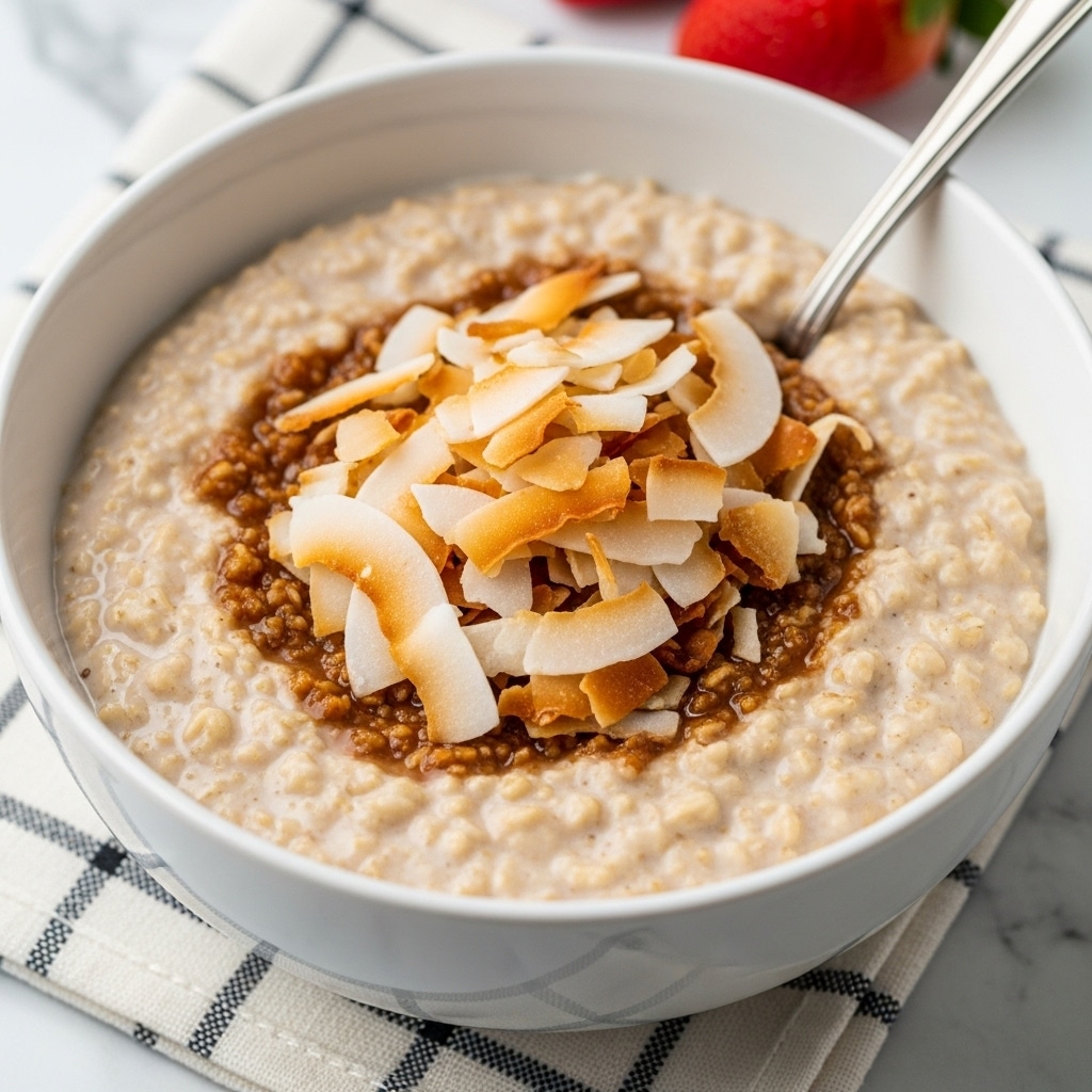 A bowl filled with creamy oatmeal topped with toasted coconut flakes in the center, showing a mix of light brown and white colors with some crispy edges. The oatmeal has a thick, soft texture and fills the white bowl almost to the brim. The bowl sits on a checkered cloth on a white marbled surface. There is a silver spoon placed inside the bowl. In the background, a blurred red strawberry is visible. Photo taken with an iphone --ar 4:5 --v 7