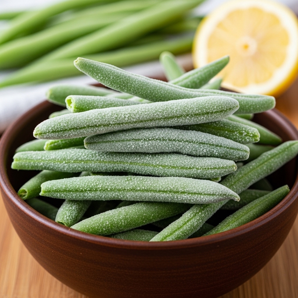 A brown bowl filled with frozen green beans stacked unevenly inside, each green bean covered with a layer of white frost giving a cold and textured look, some beans show a bit of uneven frost while others have smoother surfaces, the bowl sits on a wooden surface with blurred green beans and lemon wedge in the background. photo taken with an iphone --ar 4:5 --v 7