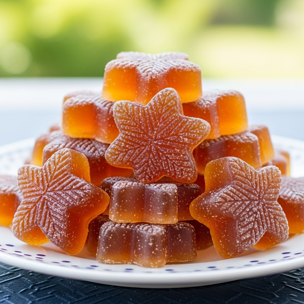 A pile of small, translucent star-shaped jelly candies sits on a white plate with a dark blue pattern. Each candy has detailed leaf veins engraved on its surface, giving texture and depth. The candies are a warm amber color and are stacked in multiple layers, creating a slightly uneven mound. The background shows soft, blurred green and yellow colors, hinting at an outdoor scene. The photo is bright, capturing the glossy, slightly sugary coating of the candies. photo taken with an iphone --ar 4:5 --v 7