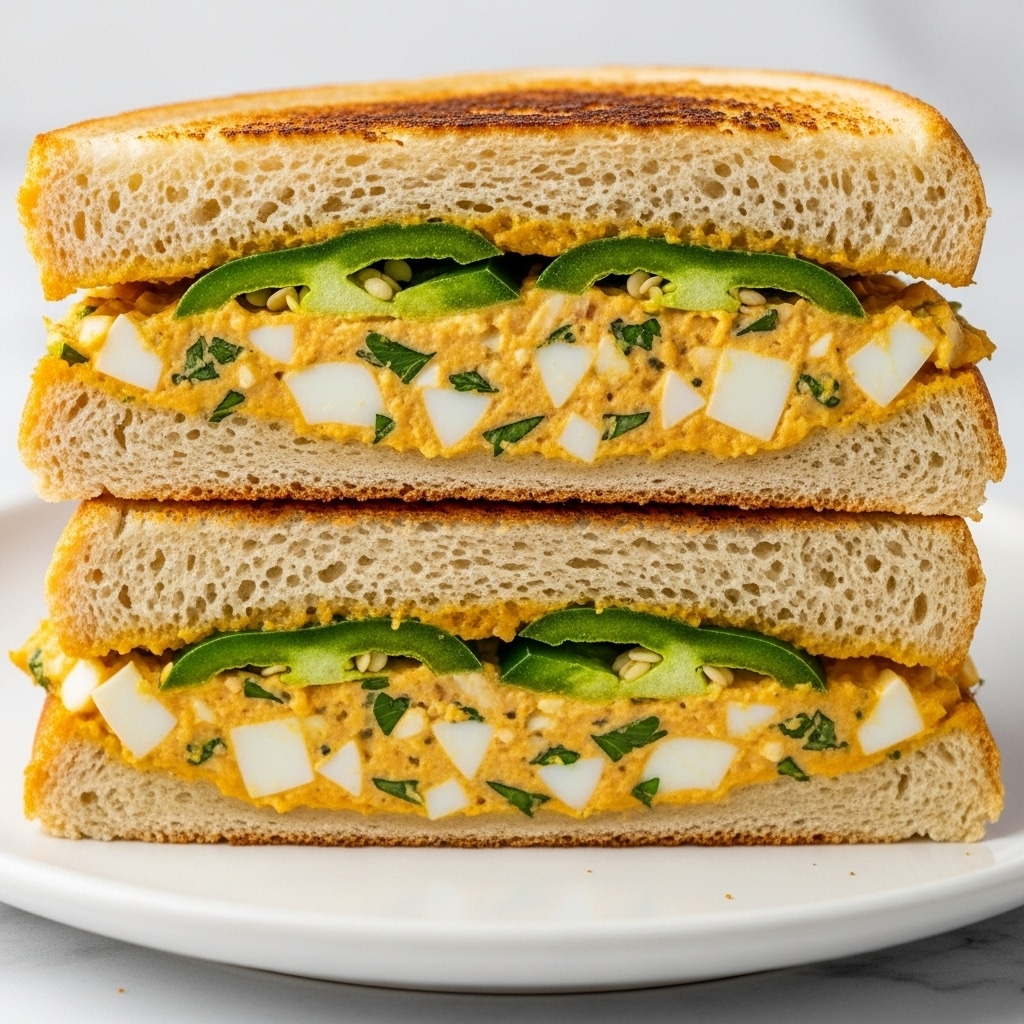 The image shows a close-up of a sandwich cut in half and stacked. The sandwich has two thick slices of light brown bread with a soft texture. Inside, there is a creamy, orange-colored spread mixed with small white chunks of chopped boiled egg and green pieces of chopped herbs. Visible on top and inside are slices of bright green jalapeño peppers. The top slice of bread features some golden-brown toasted spots, likely from heating. The sandwich is placed on a white plate, and the surface beneath the plate is a white marbled texture. Photo taken with an iphone --ar 4:5 --v 7