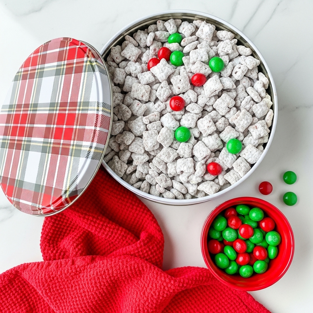 The image shows a large white tin filled with a cereal snack coated in white powdered sugar dust, mixed with red and green candy-coated chocolates scattered throughout the cereal pieces. The tin lid, leaning against the side, has a red, white, and gray plaid pattern. Below the tin is a bright red cloth with a textured pattern and a small red bowl filled with more green and red candy-coated chocolates. The whole scene is set on a white marbled surface. photo taken with an iphone --ar 4:5 --v 7