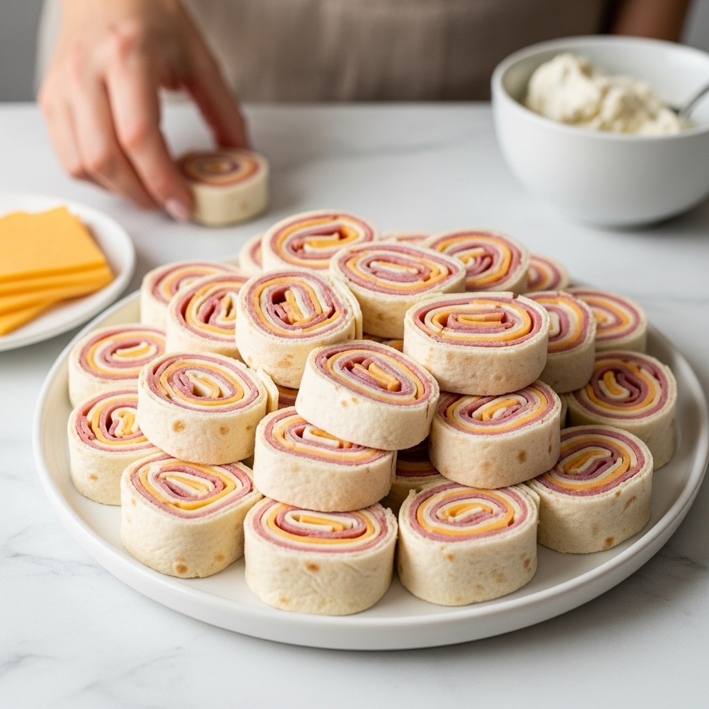 The image shows a white plate on a white marbled surface, filled with small rolled sandwiches arranged in a circular pile. Each sandwich has three visible layers: a thin white outer layer of tortilla wrap, a middle yellow layer of cheese, and an inner pink layer of ham. In the background, there are a white bowl with some white spread and some slices of yellow cheese on the left side. A woman's hand is partially visible on the left edge, about to grab one of the rolled sandwiches. The lighting is soft and natural, making the colors look fresh and inviting. Photo taken with an iphone --ar 4:5 --v 7