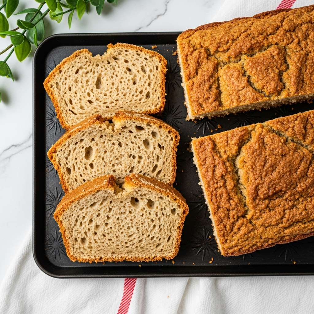 The image shows a close-up top view of several pieces of light brown crumbly cake or bread on a textured dark tray with a star pattern. There are three slices placed in the center of the tray, showing a soft, porous texture with small air holes, next to two larger rectangular loaf pieces with a similar light brown crust and crumb. The tray is on a white marbled surface, and a white cloth with red stripes is partially visible at the bottom. In the top left, some green leafy plant stems can be seen slightly out of focus. Photo taken with an iphone --ar 4:5 --v 7