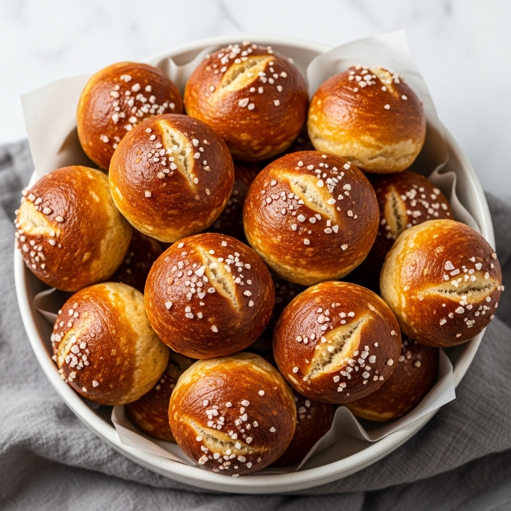 A bowl filled with golden brown pretzel bites, each one round and slightly shiny with a smooth, crispy crust. The pretzel bites have a deep brown color with lighter tan spots and are sprinkled generously with large white coarse salt crystals. The bowl is white and rests on a soft gray cloth, with some paper lining the inside of the bowl. The background is a white marbled texture. Photo taken with an iphone --ar 4:5 --v 7