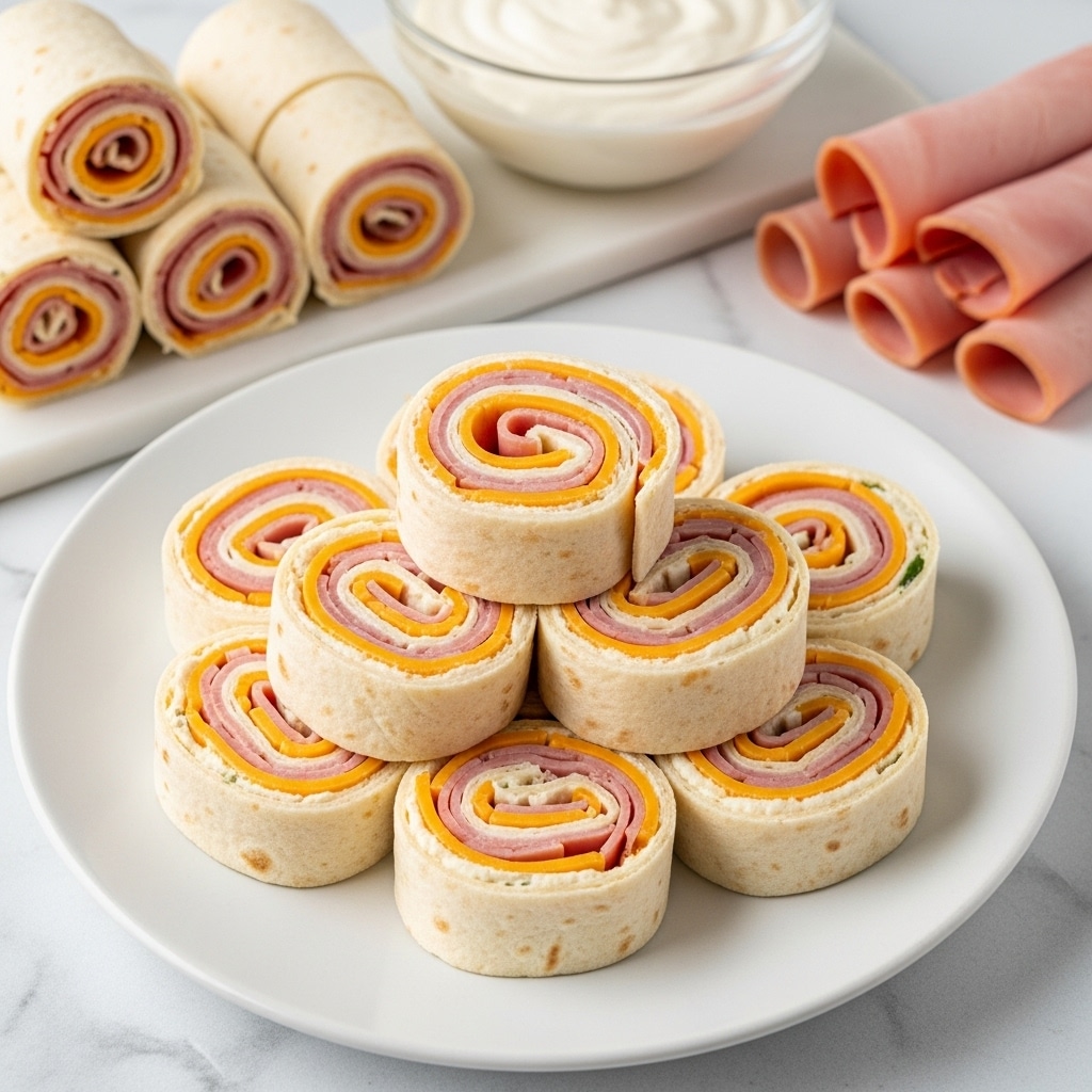 A white plate holds eight spiral pinwheel sandwiches stacked in a small pile, each showing visible layers of beige tortilla wraps rolled around thin slices of pink ham and bright orange cheddar cheese, with a smooth light creamy spread between layers. In the background on a white marbled surface, there are more rolled pinwheels, a bowl of thick white sauce, and several rolled slices of ham. The scene is brightly lit and clear. Photo taken with an iphone --ar 4:5 --v 7