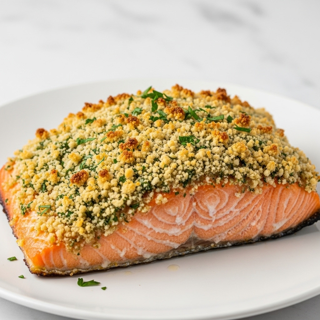 A thick fillet of salmon sits on a white plate, showing three main layers: the bottom layer is a pinkish-orange cooked salmon with a soft texture, the middle layer is a golden-brown crust with crispy edges, and the top layer is a crunchy coating of toasted breadcrumbs mixed with green herbs sprinkled evenly, giving a slightly rough and crumbly texture. The salmon's edges are lightly charred, adding a darker brown shade, and the surface shows bits of finely chopped parsley, adding small green spots. The background is a white marbled texture, softly blurred. photo taken with an iphone --ar 4:5 --v 7