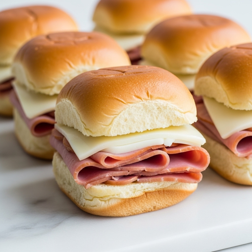 The image shows several small sandwiches placed neatly on a white marbled surface. Each sandwich has three visible layers: the bottom is a soft, light golden-brown bun, followed by a layer of pale pink ham that looks thin and slightly folded, and on top of the ham is a slice of white cheese with a smooth texture. The sandwiches are topped with a soft, golden-brown bun with slight wrinkles on the surface, completing the look. The light reflects softly on the buns, making them look fresh and fluffy. photo taken with an iphone --ar 4:5 --v 7
