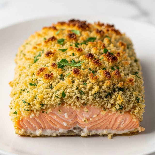 The image shows a close-up of a piece of salmon covered with a thick, golden-brown crust of crispy breadcrumbs mixed with green herbs. The top layer is crunchy and textured with browned spots and small bits of chopped parsley spread evenly. Below the crust, the salmon is soft and light pink in color, showing its flaky texture. The salmon sits alone on a plain white plate with a white marbled surface in the background. Photo taken with an iphone --ar 4:5 --v 7