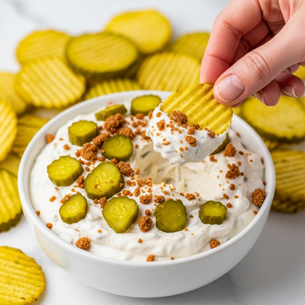 A close-up view of a white bowl filled with a creamy white dip topped with small green pickle chunks and brown crumbly bits. Around the dip, there are ridged yellow-green pickle-flavored chips scattered on top. A woman's hand is holding a ridged yellow chip dipped into the creamy dip with some brown crumbs sticking to it. The setting shows a clean, white marbled surface in the background. photo taken with an iphone --ar 4:5 --v 7